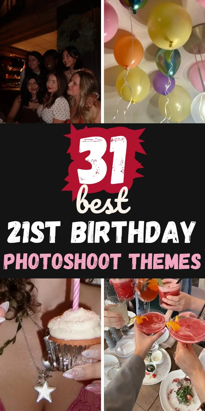 21st birthday photoshoot themes collage with friends posing at a birthday dinner, colorful balloons on the ceiling, a cupcake with a candle and pink cocktails being clinked.
