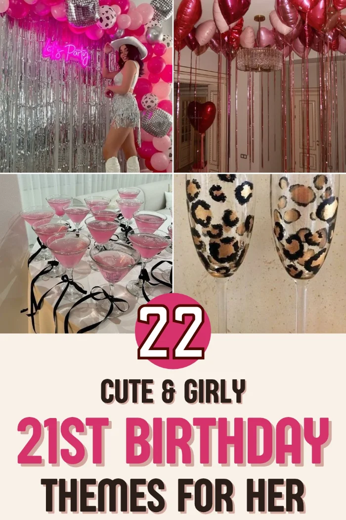 21st birthday themes for her pin with a disco cowgirl tinsel wall, red heart balloons, pink cosmos with black bows and leopard print glasses.