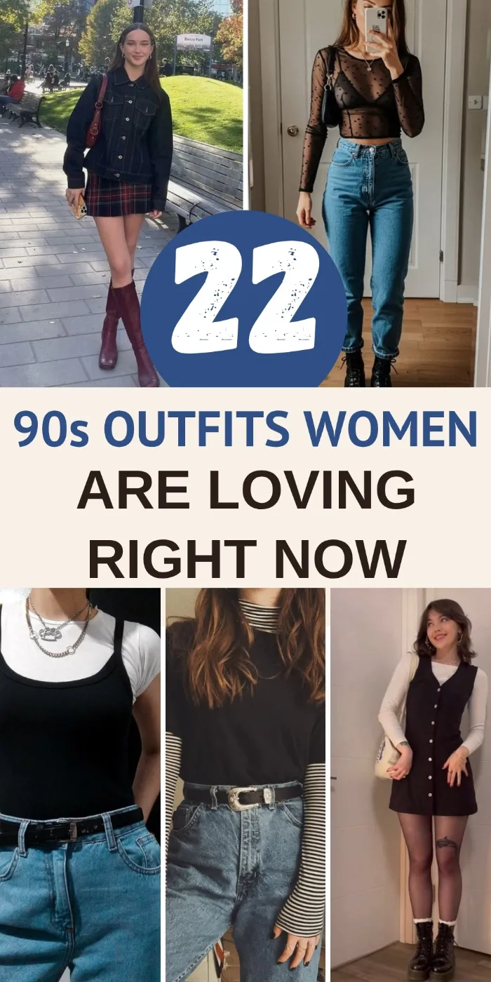 90s outfits women pin with a plaid mini and knee high boots, a sheer lace top with mom jeans, a black tank with mom jeans, a tee over a striped long sleeve and a pinafore dress.