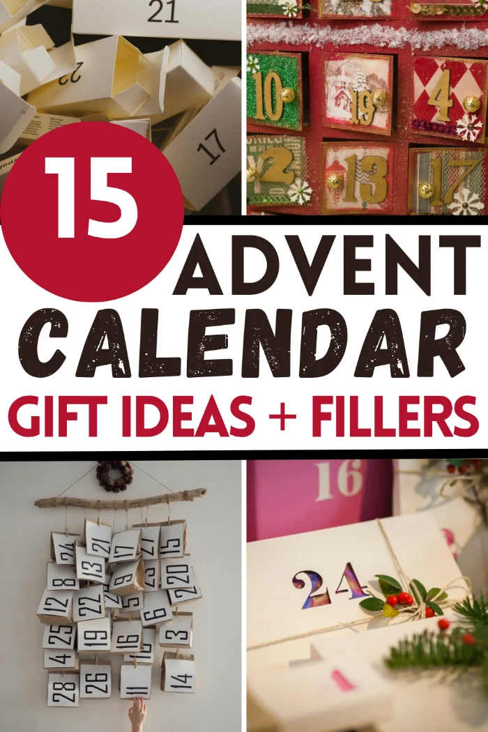 Advent calendar gift ideas with kraft paper boxes, a red drawer calendar, numbered gift bags and an envelope for day 24.