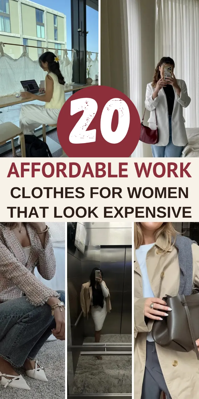 Affordable work clothes for women pin with a woman working at a sunny desk, a white blazer mirror selfie, a tweed jacket with jeans, an elevator outfit and a trench coat.
