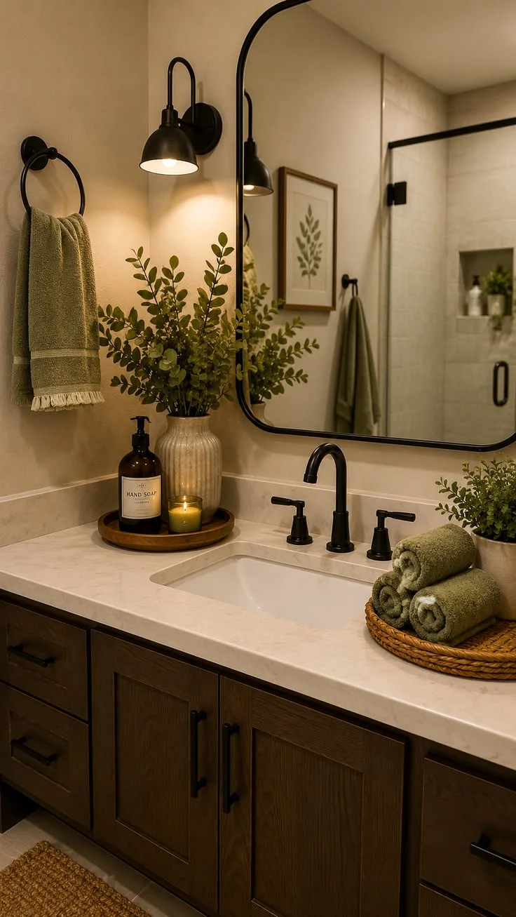 Bathroom counter styled with greenery, an amber soap dispenser and a tray under black sconces