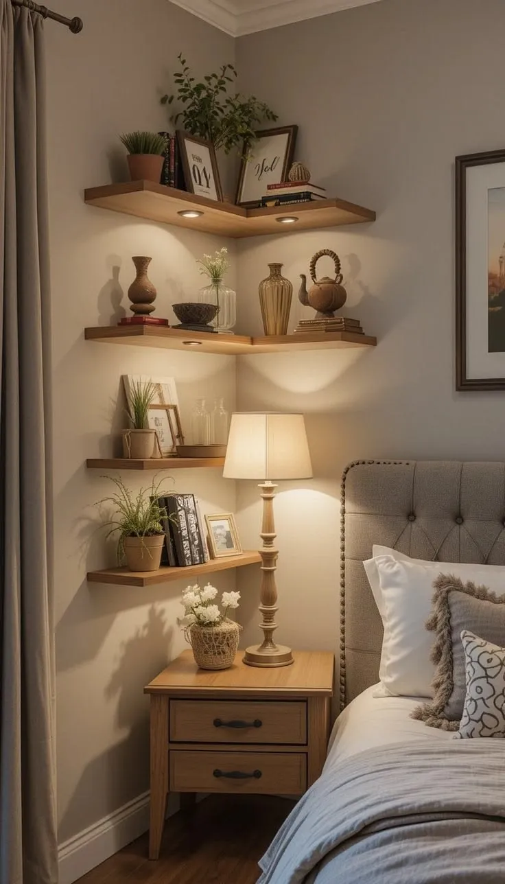 Bedroom ideas with a cozy corner of wood shelves, plants and a lamp