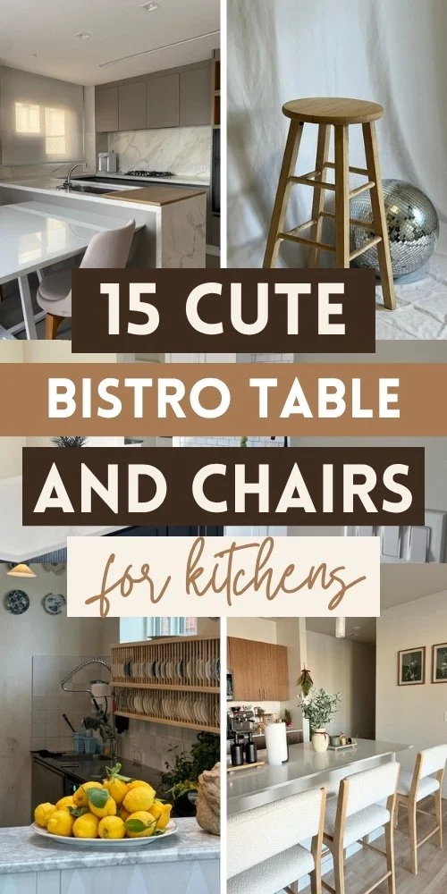 Bistro table and chairs pin with a white kitchen island, a wooden stool by a disco ball, a lemon bowl and white counter stools.