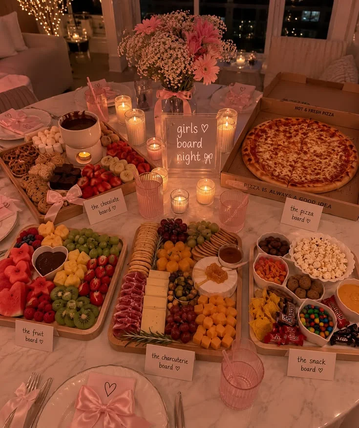 Bring a board night party table with several food boards, candles and labels