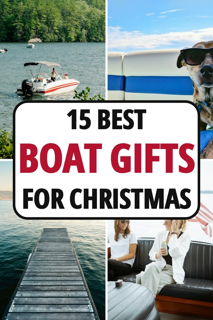 Boat gifts with a red and white boat on a lake, a dog in sunglasses on a boat, a wooden dock and friends relaxing on a boat.