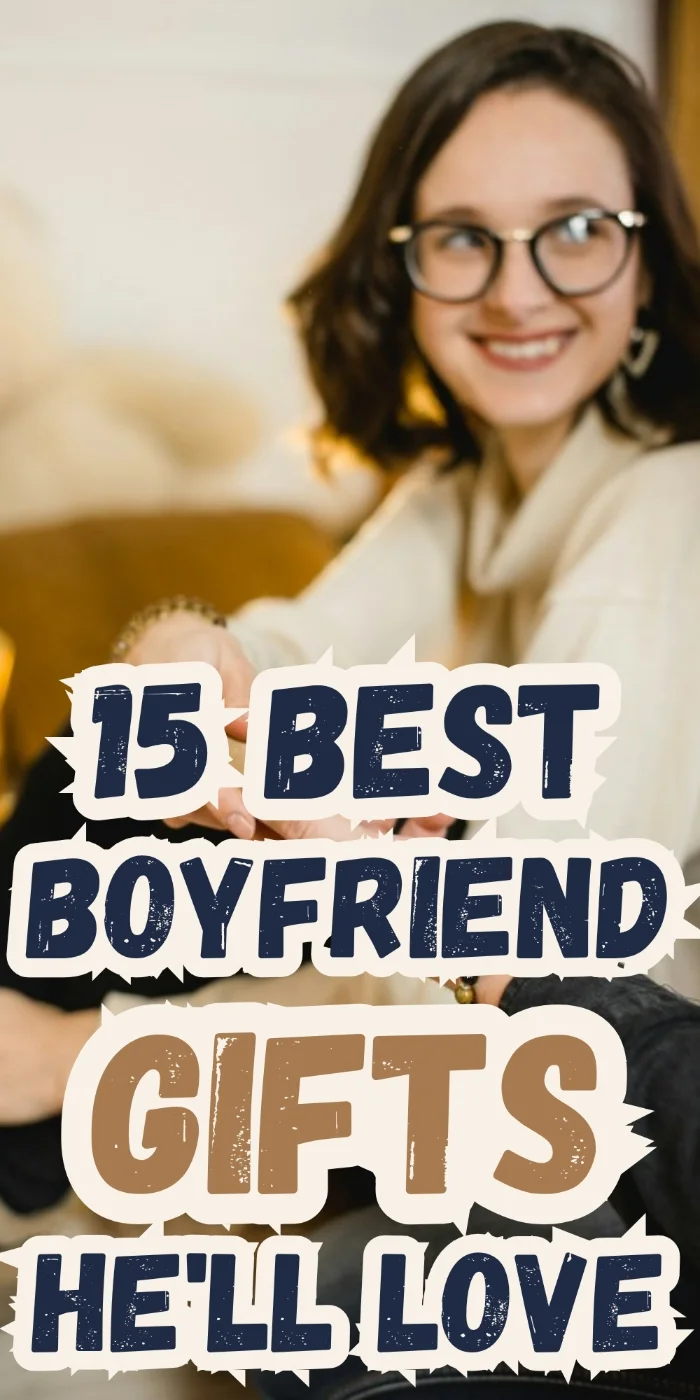 Boyfriend gifts pin with a smiling girl in a cream sweater and glasses holding hands with her boyfriend.