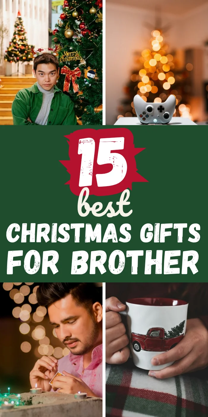 Brother christmas gifts pin with a young man by the tree and a game controller