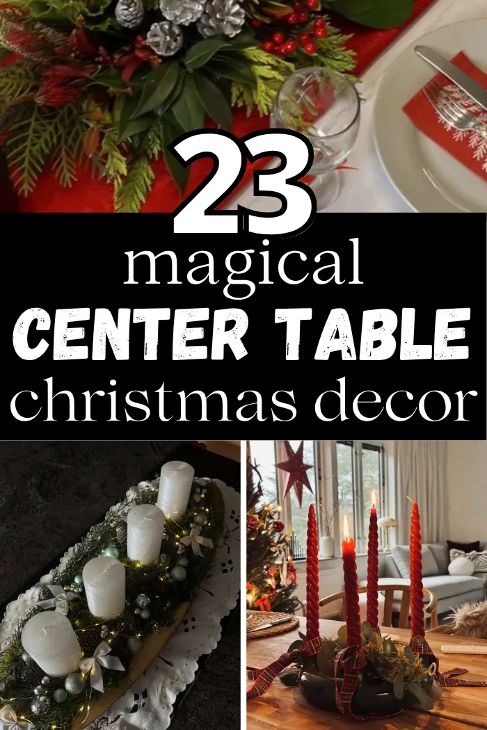 Center table Christmas decor with a red runner and greenery centerpiece, a greenery centerpiece with white pillar candles and red twisted taper candles in a living room.