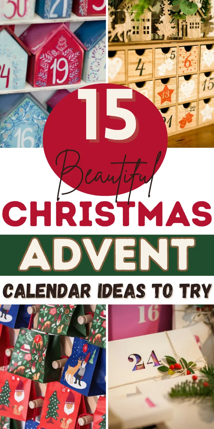 Christmas advent calendar ideas with a house shaped calendar, a wooden drawer calendar, red and green bags and a day 24 envelope.