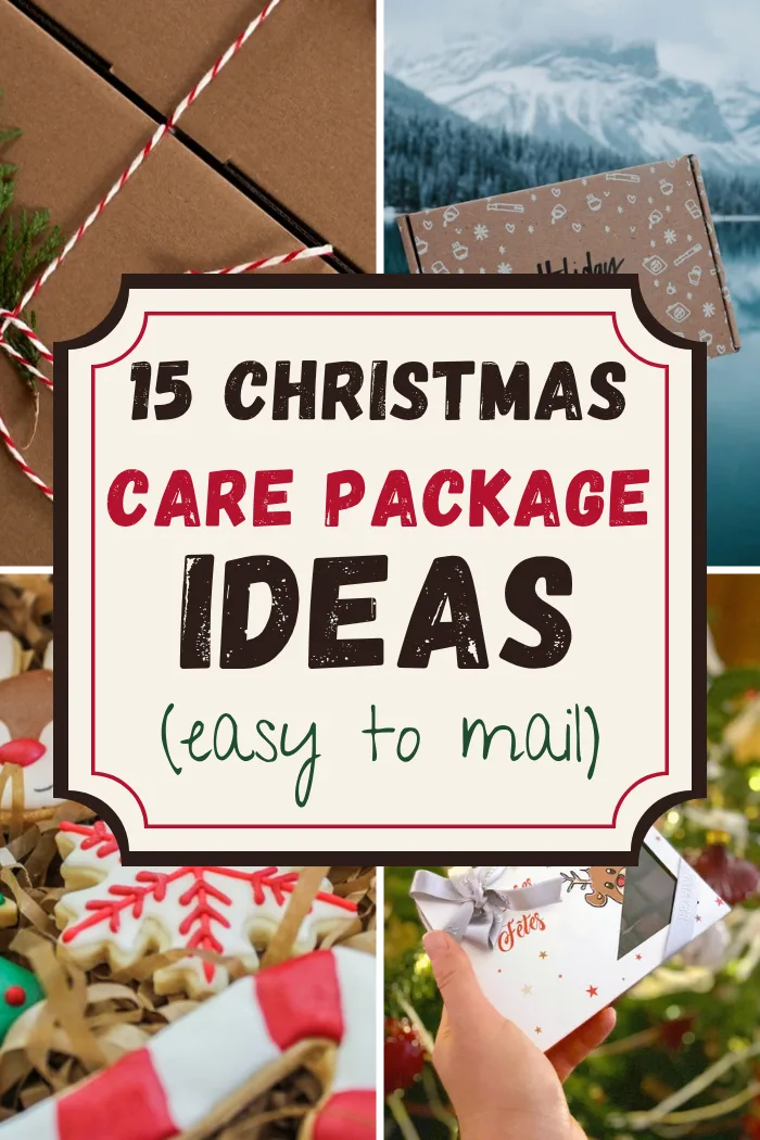 Christmas care package ideas with a kraft parcel tied in twine, a holiday box by a lake, decorated cookies and a Christmas card by the tree.