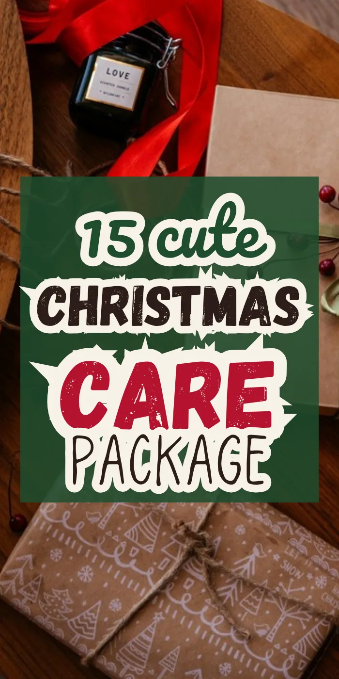 Christmas care package with a candle, red ribbon, berries and a gift wrapped in kraft paper with white Christmas doodles.