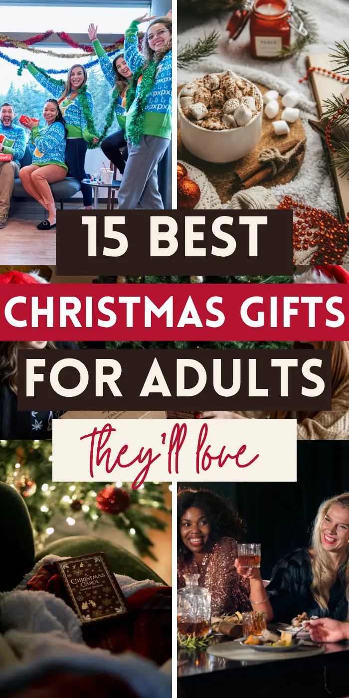 Christmas gifts for adults with friends in ugly Christmas sweaters, hot cocoa on a knit blanket, a gift exchange by the tree and friends laughing at dinner.