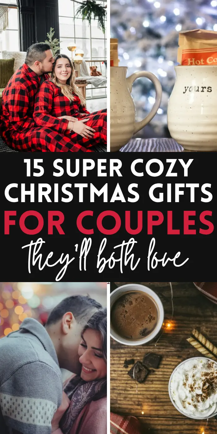Christmas gifts for couples with a couple in matching plaid pajamas, mine and yours mugs, a couple hugging in front of twinkle lights and two cups of hot cocoa on a plaid blanket.