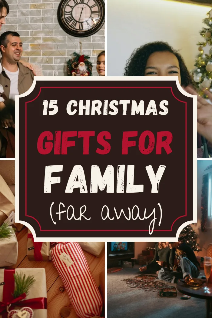 Christmas gifts for family with a family by the fireplace, a woman waving on a video call, striped wrapped gifts and a family by a lit tree.