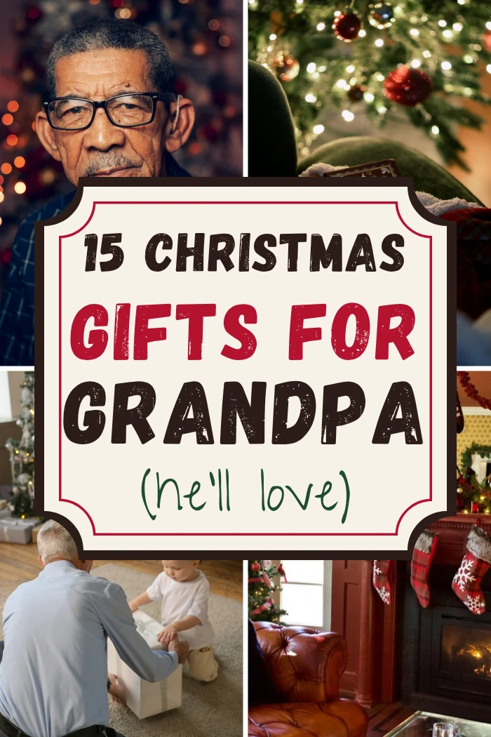 Christmas gifts for grandpa pin with a smiling older man and a cozy fireplace room