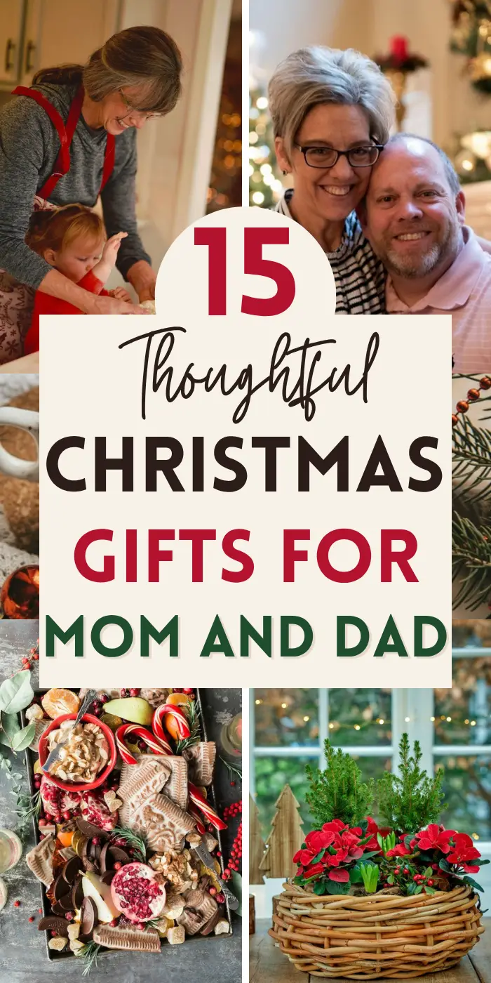Christmas gifts for mom and dad with a grandma baking cookies, a smiling older couple by the tree, a Christmas charcuterie board and a red poinsettia in a basket.