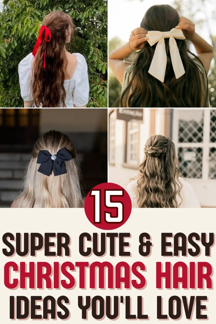 Christmas hair ideas collage with a red ribbon bow in long brown hair, a cream bow being tied in wavy hair, a black bow in blonde hair and half up curls.