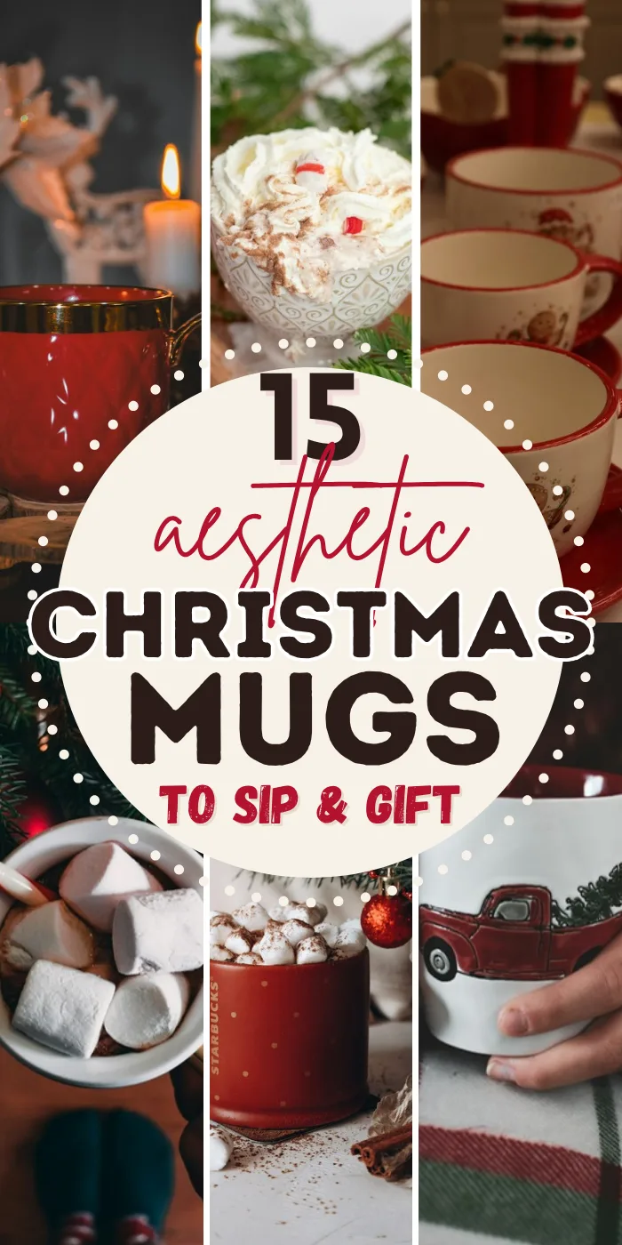 Christmas mugs aesthetic with a red and gold mug by candlelight, a cup of whipped cream cocoa, red rimmed Christmas cups, marshmallows in a white mug, a red mug of cocoa and a red truck mug on a plaid blanket.