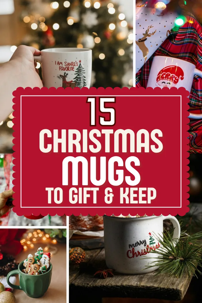 Christmas mugs including a white I Am Santa's Favorite mug held by a lit tree, a Santa mug on a red plaid blanket, a green mug of gingerbread cookies and a white Merry Christmas camp mug with pine.