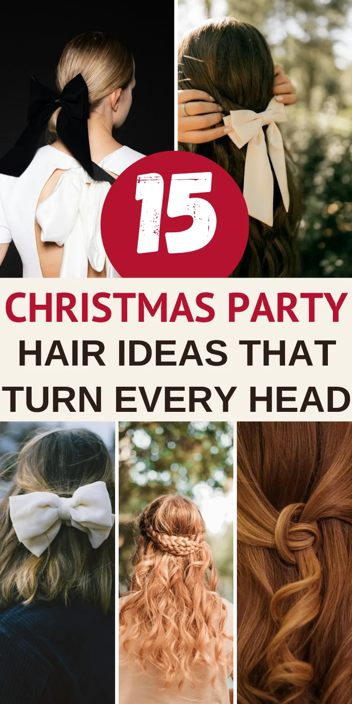 Christmas party hair ideas with a black velvet bow in a sleek low ponytail, a cream bow in long brown waves, a big white bow in a bob, a braided crown with curls and twisted half up auburn hair.