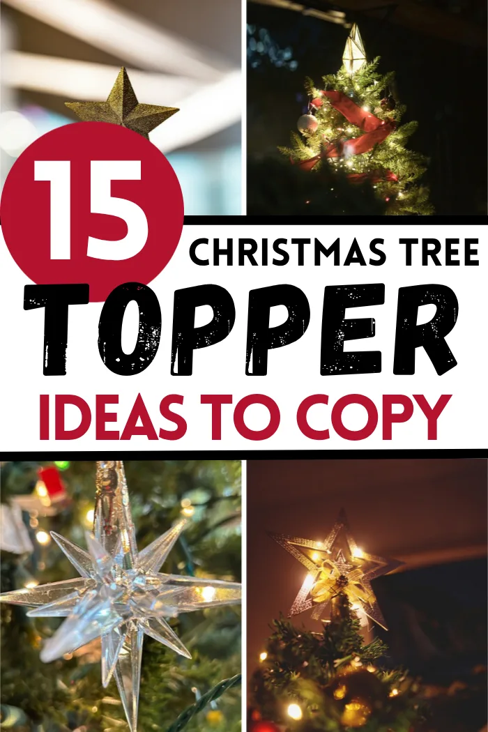 Christmas tree topper ideas with a gold star by a window, a lit tree with red ribbon, a crystal starburst and a glowing star on a tree.