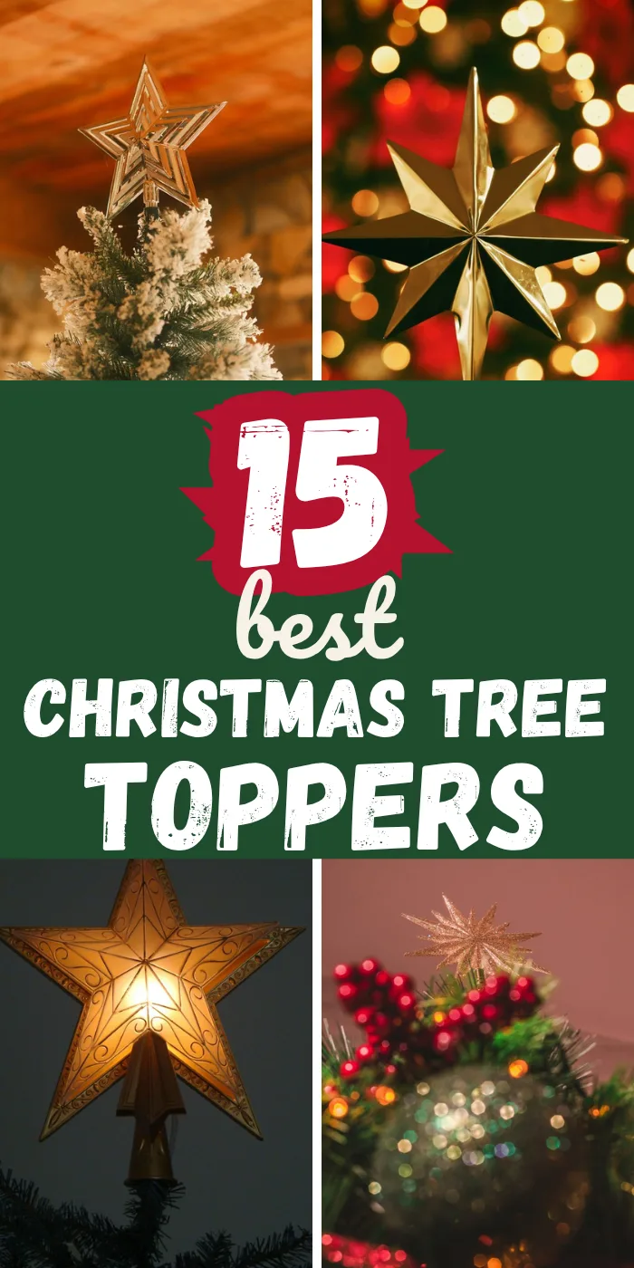 Christmas tree topper ideas with a gold star on a frosted tree, a gold star with red bokeh, a glowing paper star and a rattan star with red berries.