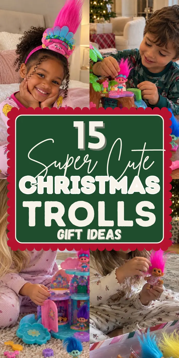 Christmas trolls gift ideas with a girl in a Poppy headband, a boy with a Trolls treehouse, a rainbow Trolls castle playset and a girl opening troll dolls.