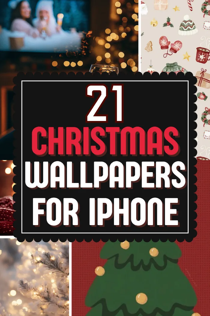 Christmas wallpapers for iPhone collage with a cozy fireplace scene, a winter icons pattern, a cartoon Christmas tree, a cozy mug and golden Christmas lights.