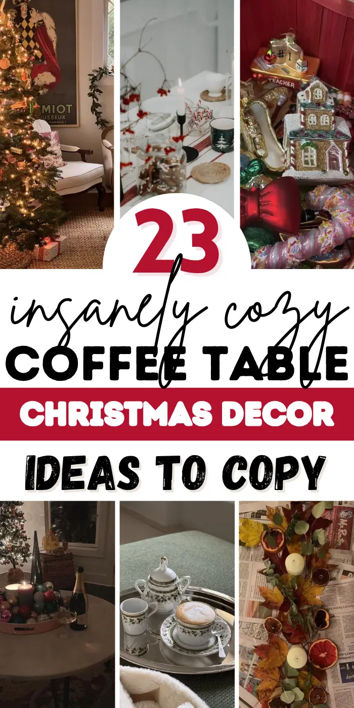 Coffee table Christmas decor ideas with a living room by the Christmas tree, a red and white table with a green mug, a mini Christmas village, an ornament tray, a holly tea set and a dried orange garland.