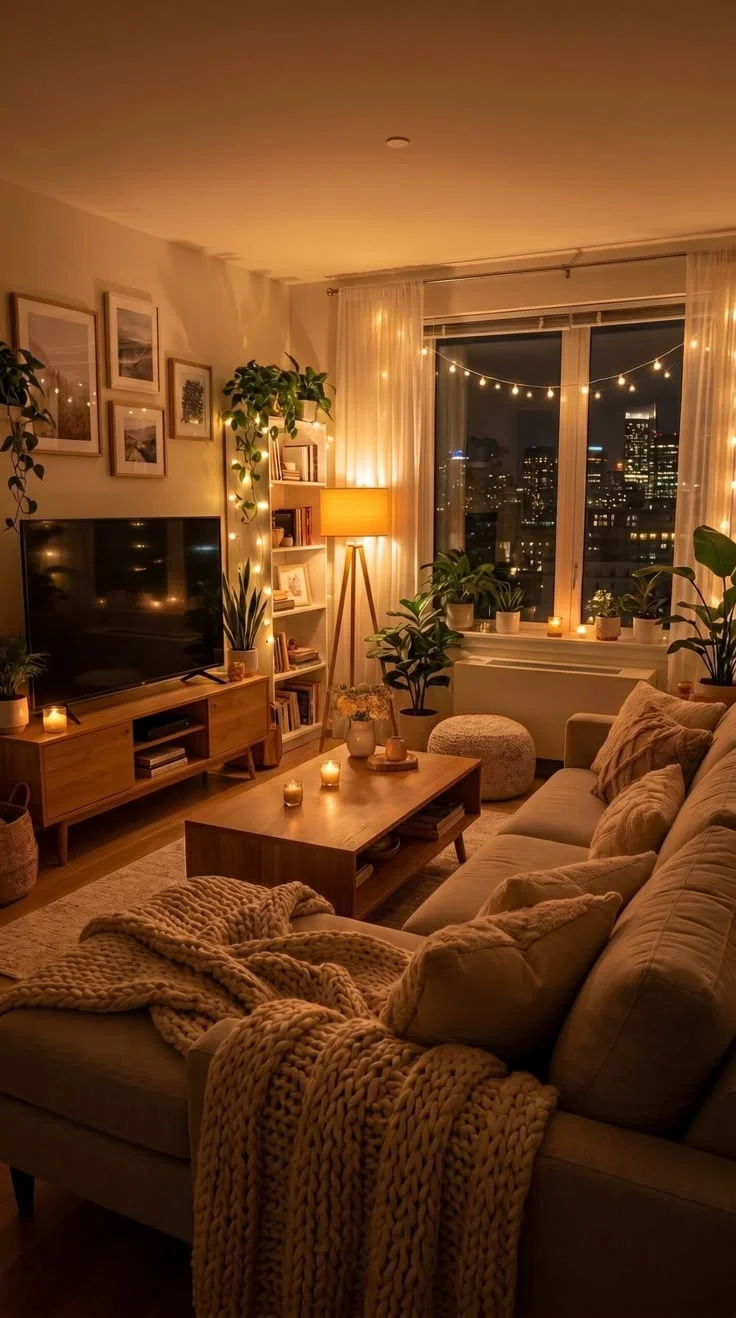 Cozy college apartment living room at night with warm lamps, a sectional and throw blankets