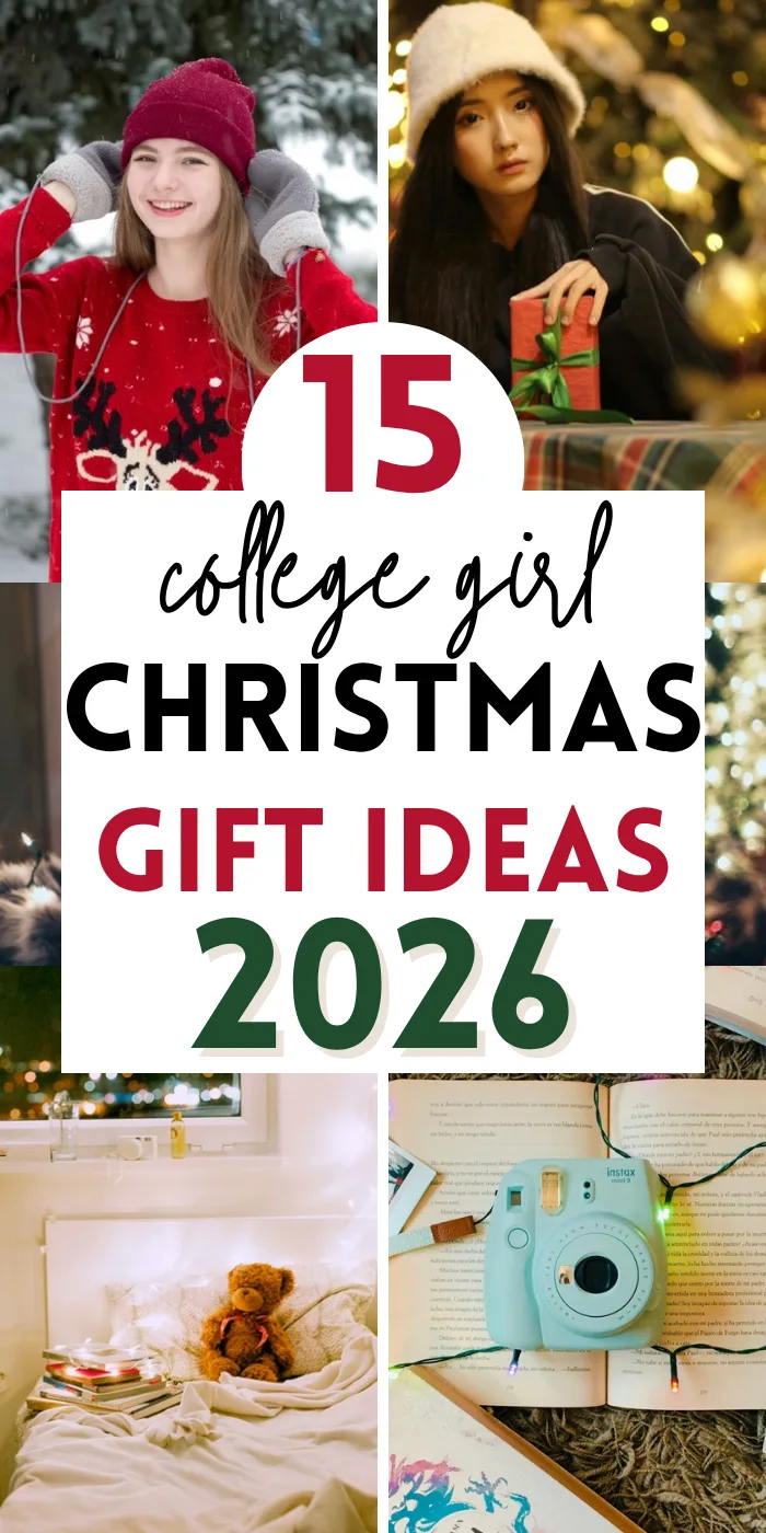 College girl Christmas gifts with a girl in a red Christmas sweater in the snow, a girl in a beanie holding a gift, a cozy dorm bed with fairy lights and a mint instant camera on a book.