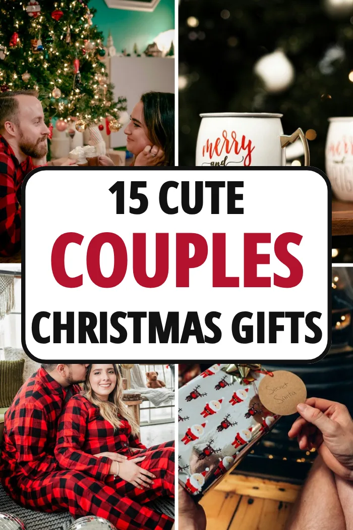 Couples Christmas gifts with a couple sharing hot cocoa by the tree, two Christmas mugs, a couple in matching plaid pajamas and hands exchanging a gift by the fireplace.