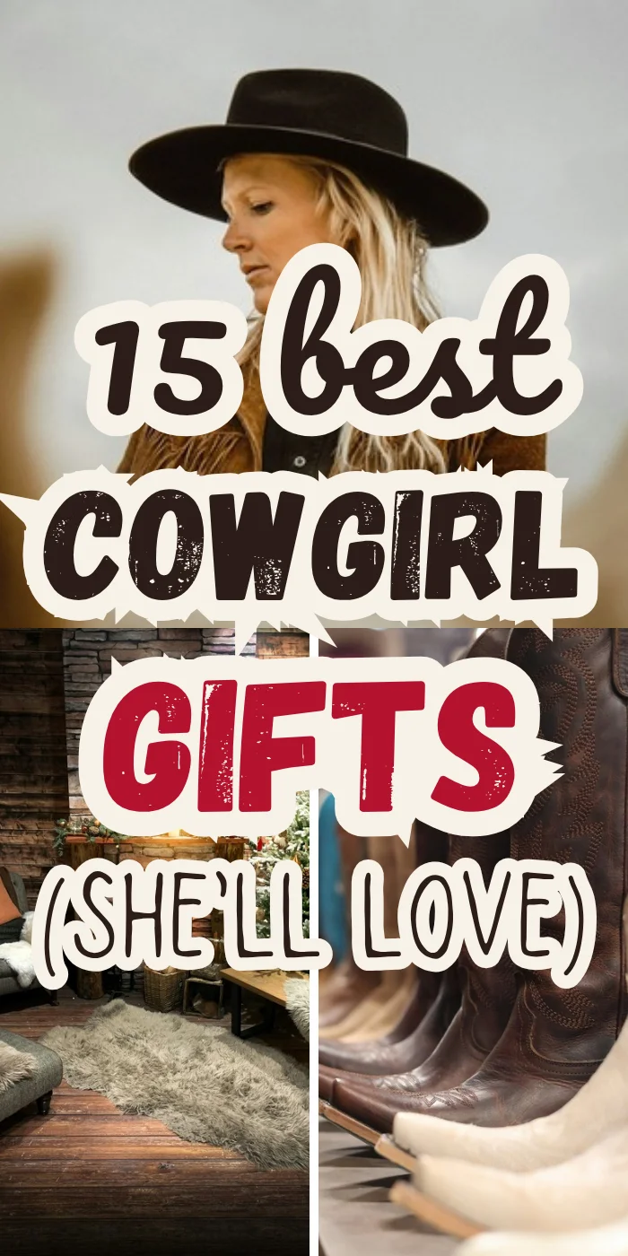 Cowgirl gifts pin with a woman in a black cowboy hat and western boots