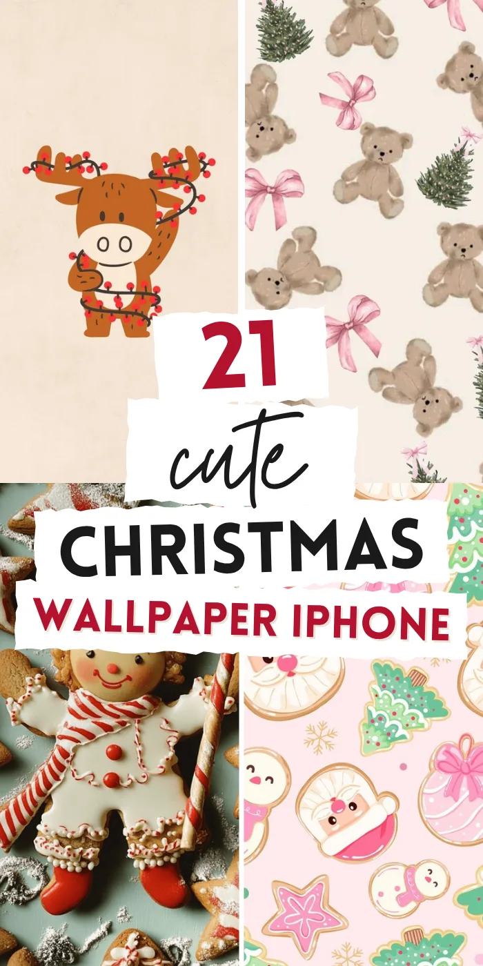 Cute Christmas wallpaper iPhone collage with a reindeer wrapped in lights, teddy bears with bows, a gingerbread cookie and a Christmas cookie pattern.