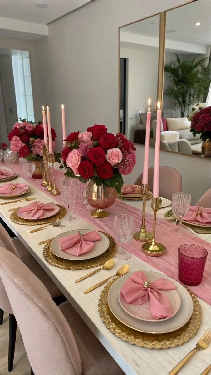 Elegant Valentine's dinner table with pink napkins, gold chargers, taper candles and red roses