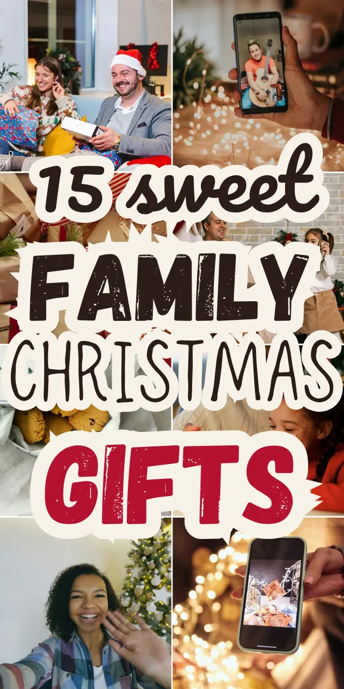 Family christmas gifts with a family opening presents, a phone video call by the tree, cookies and a woman waving on a call.