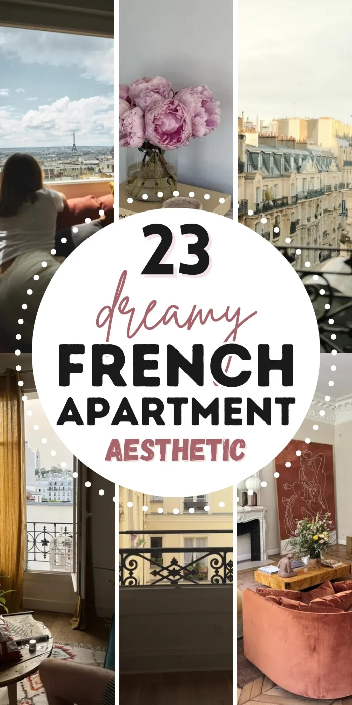 French apartment aesthetic collage with a girl looking at the Eiffel Tower, pink peonies in a vase, Paris rooftops, a balcony view and a velvet sofa in a Parisian living room.