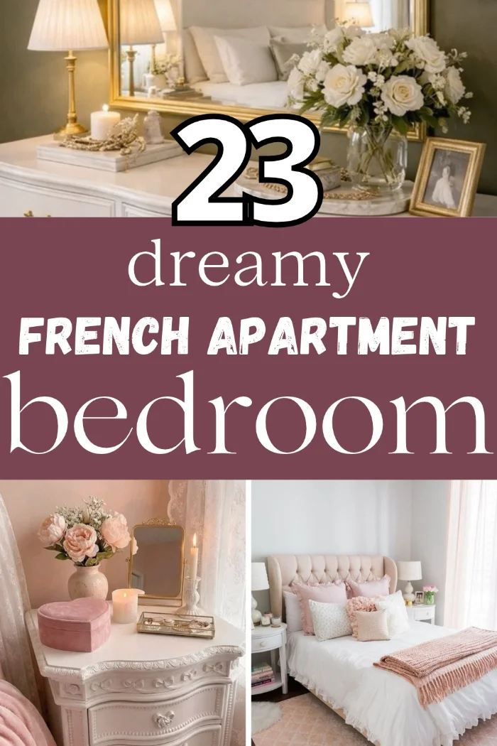 French apartment bedroom pin with a white dresser with a gold mirror and white roses, a carved nightstand with peonies and a pink tufted bed.