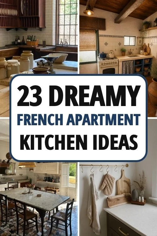 French apartment kitchen pin with a rustic kitchen with jars, a vintage stove and tiles, a marble dining table and linen tea towels on hooks.