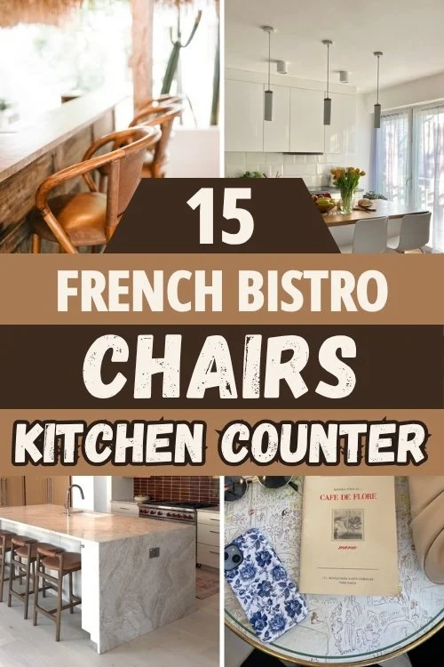French bistro chairs kitchen pin with woven counter stools, a white kitchen island, a cafe menu and a blue floral phone case.