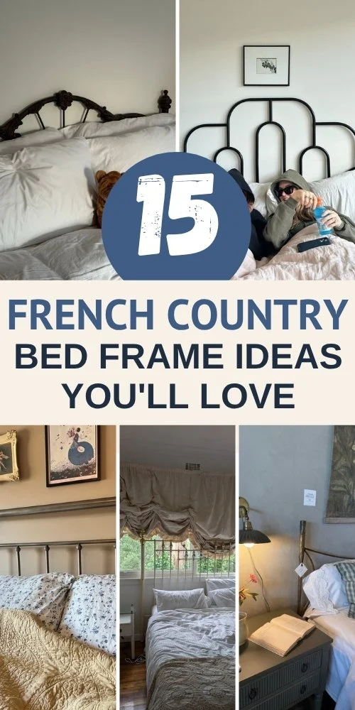 French country bed frame pin with a black iron headboard, a teddy bear on white pillows, a woman in bed and a floral quilt.