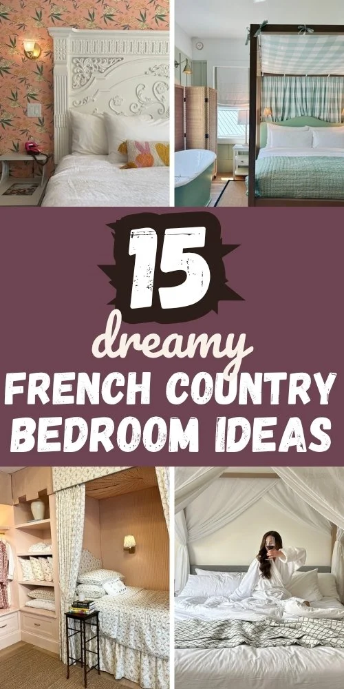 French country bedroom ideas pin with a carved white headboard on pink wallpaper, a canopy bed, a bed nook and a woman in a canopy bed.