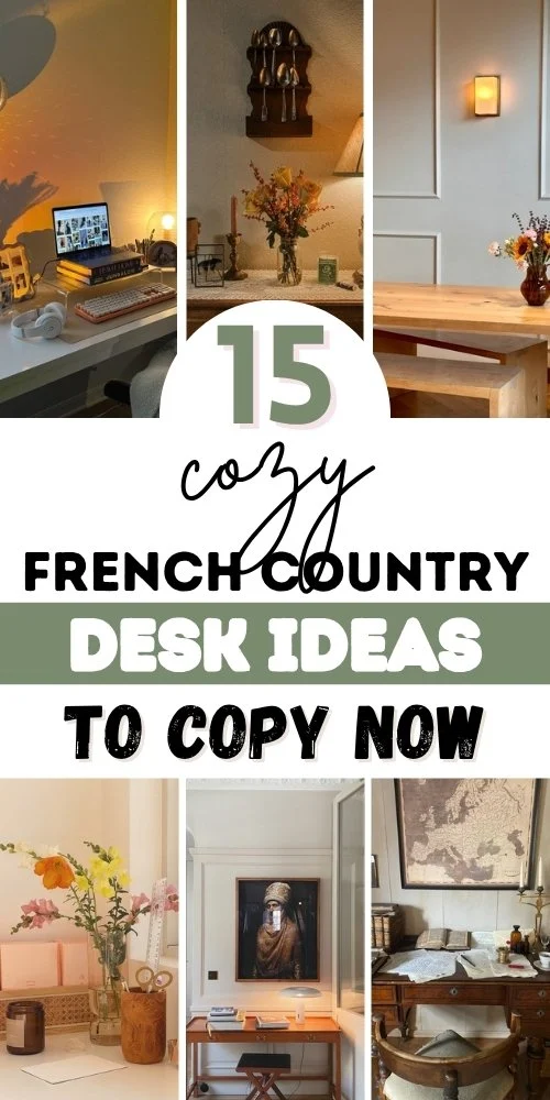 French country desk ideas pin with a laptop on a wood desk, flowers by a window, a wall sconce and a desk with a map.