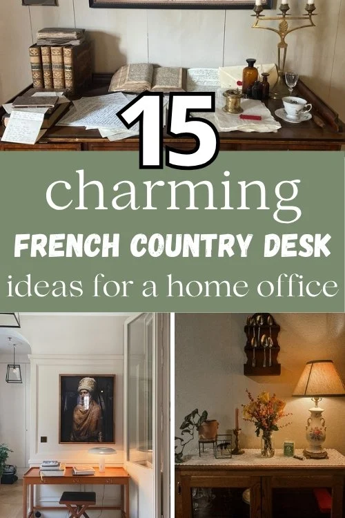 French country desk pin with old books and a candelabra on a desk, a wooden desk under a portrait, a lamp and dried flowers.