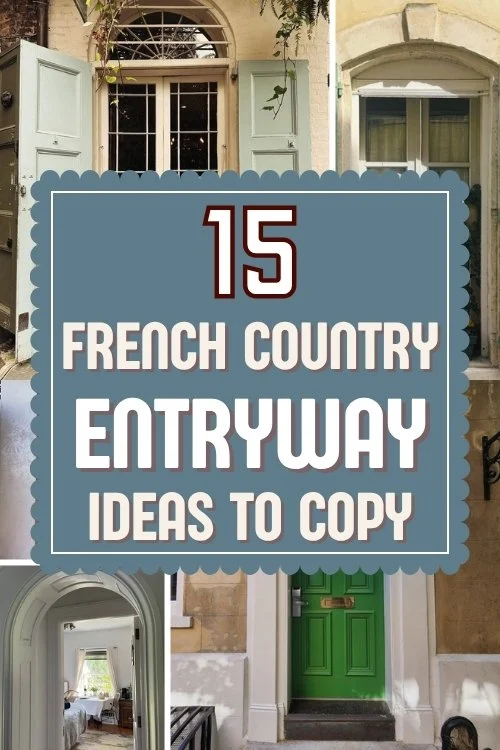 French country entryway ideas pin with sage shutters on a stone house, an arched doorway, a green front door and an arched hallway.