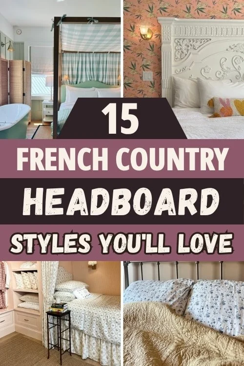 French country headboard pin with a canopy bed, a carved white headboard on pink wallpaper, a built-in bed nook and an iron bed with florals.