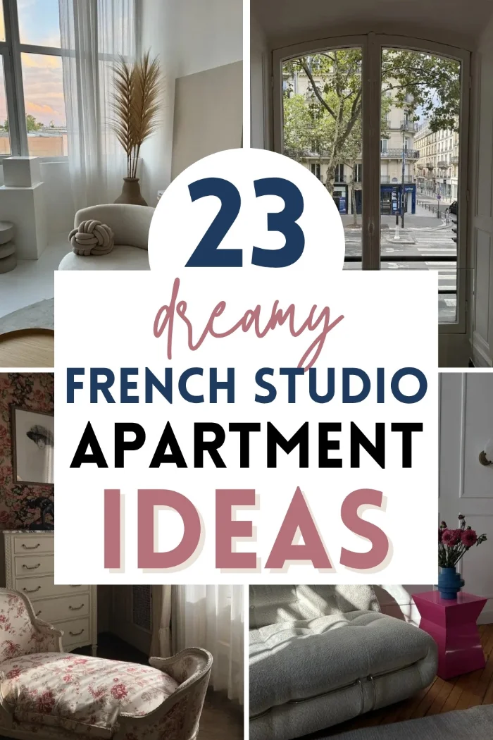 French studio apartment ideas pin with a white curved sofa by a sunny window, tall Paris windows, a floral vintage armchair and a cozy grey sofa.
