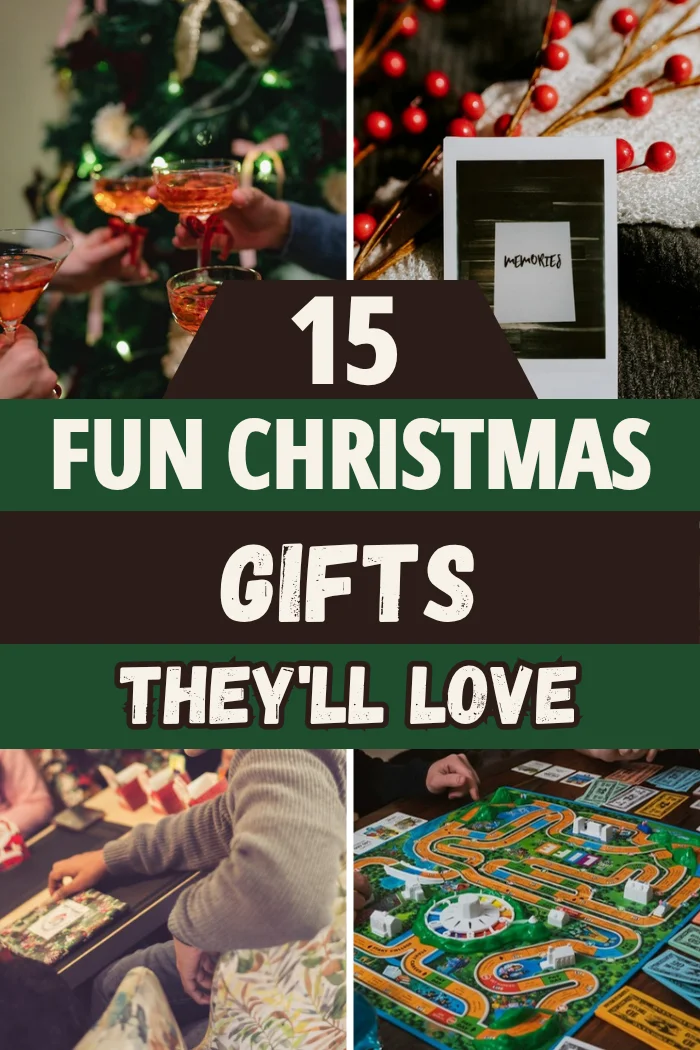 Fun christmas gifts with friends toasting by the tree, an instant photo with holly berries, a Santa hat gift exchange and a board game night.