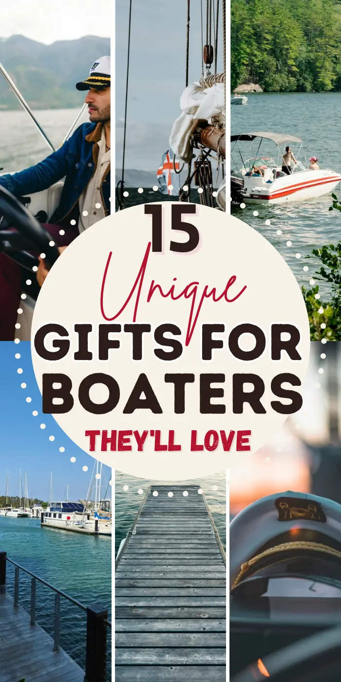 Gifts for boaters with a man driving a boat, sailboat ropes, a boat on a lake, a marina, a wooden dock and a captain hat at sunset.